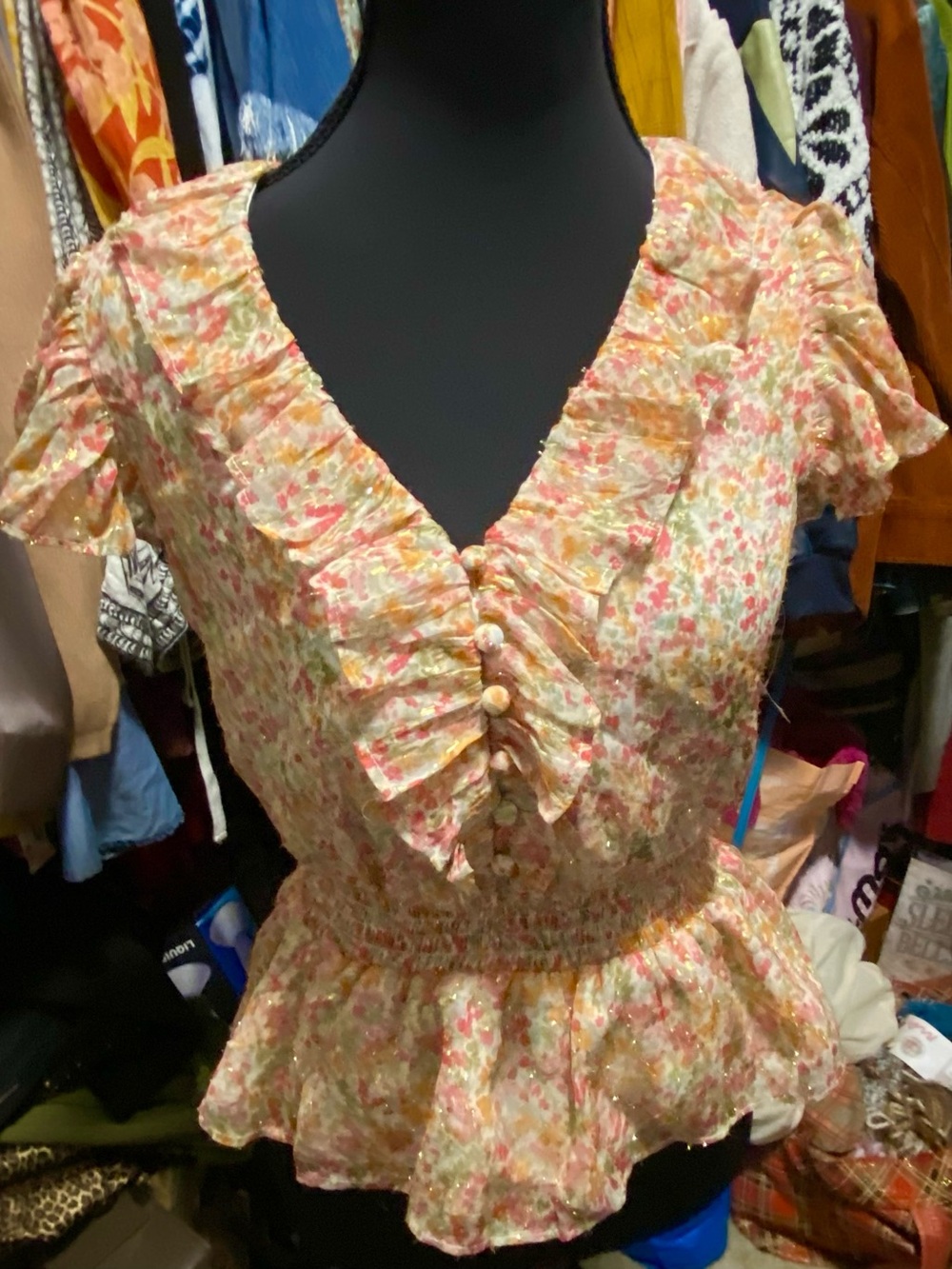Parker Floral Ruffle Top in Pink, Green & Gold New